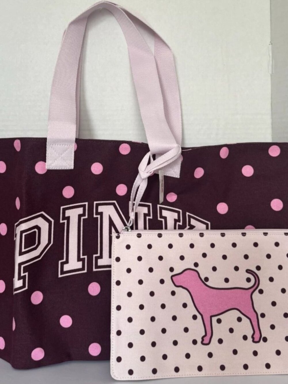 2 Piece Maroon & Pink Polka Dot Canvas Tote with Wristlet Pouch Set
